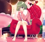  1girl armchair bangs bare_legs barefoot blue_eyes blurry bow box cardigan carpet chair chocolate chocolate_fountain chocolate_heart closed_mouth depth_of_field dripping eyebrows eyebrows_visible_through_hair eyelashes fringe gift gift_box glowing green_eyes green_hair heart heart_pillow heterochromia highres idolmaster idolmaster_cinderella_girls indoors infinote lace light_particles long_sleeves looking_at_viewer mole mole_under_eye off_shoulder pillow pillow_hug plant potted_plant ribbon short_hair sitting sitting_on_chair skirt sleeves_past_wrists smile solo strap_slip striped striped_bow striped_ribbon sweater takagaki_kaede tree valentine wooden_table 