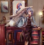  2girls angel_wings ascot blue_hair bookshelf brooch capelet desk doremy_sweet dress globe grey_wings hand_up hat highres houdukixx jacket jewelry kishin_sagume lavender_hair legs light long_skirt long_sleeves looking_at_another looking_at_viewer mirror multiple_girls nightcap on_desk open_mouth painting phonograph pom_pom_(clothes) purple_shirt purple_skirt room shirt short_hair signature single_wing sitting sitting_on_desk skirt smile tail touhou white_dress wings 