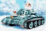  3girls aki_(girls_und_panzer) blonde_hair breasts bt-42 bucket cleavage cruiser_(tank) finnish girls_und_panzer hayachine mika_(girls_und_panzer) mikko_(girls_und_panzer) military military_vehicle multiple_girls snow steam stretch tank vehicle 