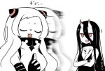  2girls :3 airfield_hime battleship_hime black_dress black_hair breasts closed_eyes commentary_request crossed_arms dress horns kantai_collection leotard long_hair multiple_girls oni_horns open_mouth pale_skin red_eyes shinkaisei-kan short_dress translation_request very_long_hair white_hair white_skin yuzuki_gao 