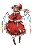  1girl adapted_costume asymmetrical_hair blonde_hair boots bow capelet crystal dress flandre_scarlet full_body gloves hat hat_ribbon highres looking_at_viewer mob_cap no-kan open_mouth red_dress red_eyes red_gloves ribbon sash side_ponytail simple_background smile solo touhou white_background wings winter_clothes 