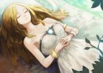  1girl absurdres armlet bed blonde_hair bracelet breasts closed_eyes dress hands_on_stomach hands_together highres interlocked_fingers jewelry long_hair lying okuto on_back original pillow sleeping sleeveless sleeveless_dress solo white_dress 