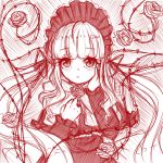  1girl blonde_hair blush bonnet bow closed_mouth curly_hair doll dress flower frills hair_ribbon highres lolita_fashion long_hair long_sleeves looking_at_viewer mmoe_chan monochrome open_eyes red_dress red_eyes red_rose ribbon rose rozen_maiden shinku sketch solo tagme twintails upper_body 