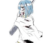  1girl blood blood_on_face bloody_hands blue_hair cape mahou_shoujo_madoka_magica miki_sayaka mizuki_(flowerlanguage) simple_background sketch solo sword weapon 
