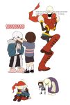  1boy 2girls androgynous bent_over frisk_(undertale) gameplay_mechanics highres hood hoodie horns monster_girl multiple_girls papyrus_(undertale) red890529 ribs ruined_for_marriage sans scarf shirt skeleton striped striped_shirt toriel undertale 