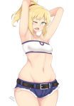 1girl armpits arms_up belt blonde_hair fang fate/apocrypha fate_(series) gitakua green_eyes groin highres midriff navel open_mouth ponytail saber_of_red scrunchie short_shorts shorts simple_background solo tears white_background yawning 