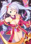  1girl ;) aqua_eyes artist_name bare_shoulders blue_hair blush breasts cleavage detached_sleeves hair_ornament hairband heart_hair_ornament highres jewriel league_of_legends looking_at_viewer musical_note one_eye_closed smile solo sona_buvelle sparkle twintails 