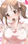  1girl apron artist_request blush breasts brown_eyes brown_hair chocolate chocolate_heart heart highres idolmaster idolmaster_cinderella_girls large_breasts looking_at_viewer mouth_hold naked_apron solo totoki_airi twintails valentine 