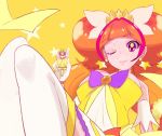  1girl ;) amanogawa_kirara breasts cleavage cure_twinkle earrings go!_princess_precure jewelry long_hair magical_girl multicolored_hair one_eye_closed orange_hair pink_hair precure smile solo star star_earrings thigh-highs twintails two-tone_hair violet_eyes white_legwear yellow_background yuuki_(irodo_rhythm) 