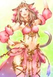  1girl :d ahoge animal_ears arms_up bare_shoulders blush bracelet brown_hair cat_ears cat_tail circlet detached_sleeves facial_mark fangs final_fantasy final_fantasy_xiv highres jewelry looking_at_viewer makimura_shunsuke miqo&#039;te navel open_mouth short_hair smile solo tail violet_eyes 