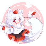  1girl animal_ears bare_shoulders chibi detached_sleeves fang hat inubashiri_momiji kyddstatic looking_at_viewer open_mouth pom_pom_(clothes) red_eyes short_hair silver_hair solo tail thigh-highs tokin_hat touhou white_legwear wide_sleeves wolf_ears wolf_tail 