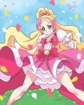  1girl blonde_hair bow brooch chocokin cure_flora fighting_stance gloves go!_princess_precure green_eyes haruno_haruka jewelry long_hair magical_girl multicolored_hair petals pink_bow pink_hair pink_skirt precure puffy_sleeves red_bow serious skirt solo spread_legs standing streaked_hair two-tone_hair white_gloves 