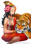  1girl barefoot black_hair bracelet breasts choker cleavage closed_eyes haje hand_on_head highres jewelry long_hair necklace parvati sid_story skirt smile tiger white_background 