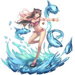  1girl animal_ears arm_ribbon bell bikini brown_hair cat_ears frilled_bikini frills highres jewelry kai-ri-sei_million_arthur long_hair necklace official_art open_mouth original ribbon shark side-tie_bikini smile solo standing_on_one_leg swimsuit very_long_hair water weiyinji_xsk white_bikini wrist_cuffs 