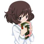  1girl akiyama_yukari blush box brown_eyes brown_hair commentary_request embarrassed gift gift_box girls_und_panzer highres holding_gift looking_at_viewer messy_hair school_uniform serafuku short_hair solo takeda_yukimura valentine 