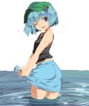  1girl blue_eyes blue_hair hair_bobbles hair_ornament hasebe_yuusaku hat kawashiro_nitori looking_at_viewer one_eye_closed open_mouth partially_submerged simple_background skirt sleeveless smile solo tank_top touhou twintails water wet wet_clothes white_background 