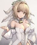  1girl blonde_hair blush breasts bridal_veil chain cleavage detached_collar detached_sleeves fate/extra fate/grand_order fate/stay_night fate_(series) head_wreath hisahisahisahisa large_breasts lock looking_at_viewer saber_bride saber_extra simple_background smile solo veil zipper 