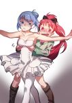  2girls arms_out blue_eyes blue_hair blush boots breast_grab breasts cleavage dress fang groping highres hood hoodie long_hair mahou_shoujo_madoka_magica miki_sayaka multiple_girls pantyhose pg_(pgouwoderen) red_eyes redhead sakura_kyouko short_hair simple_background smile yuri 