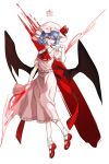  1girl ascot bat_wings blue_hair character_name full_body gloves hat hat_ribbon highres looking_away mary_janes mob_cap pointy_ears puffy_sleeves red_eyes remilia_scarlet ribbon sbr_(songje096) shirt shoes short_hair short_sleeves skirt skirt_set smile socks solo spear_the_gungnir touhou white_background white_gloves white_legwear wings 