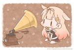  1girl black_ribbon blonde_hair chibi hair_flaps hair_ornament hair_ribbon kantai_collection long_hair momoniku_(taretare-13) phonograph pleated_skirt remodel_(kantai_collection) ribbon scarf school_uniform serafuku skirt solo white_scarf yuudachi_(kantai_collection) 