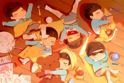  6+boys black_hair brothers hat kindergarten_uniform male_focus matsuno_choromatsu matsuno_ichimatsu matsuno_juushimatsu matsuno_karamatsu matsuno_osomatsu multiple_boys osomatsu-kun osomatsu-san sextuplets short_hair siblings sleeping stuffed_animal stuffed_toy sunglasses teddy_bear winni younger 