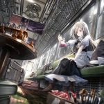  1girl apron beaker black_dress blonde_hair blush bow braid capelet dress flask frilled_dress frills hat hat_bow hat_removed headwear_removed highres kirisame_marisa long_hair puffy_sleeves red_eyes ryosios science short_sleeves side_braid single_braid sitting solo test_tube touhou train train_interior waist_apron witch_hat 