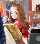  2girls bead_curtain bottle brown_eyes brown_hair bunny_print cup food fruit hair_ornament hairclip kotatsu long_hair looking_at_viewer mandarin_orange maneki-neko multiple_girls natsui_tuna original phone pot short_hair sitting steam stove table 