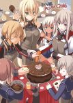  6+girls :d anchor anchor_hair_ornament apron bismarck_(kantai_collection) blonde_hair blue_eyes blush book bowl breasts cake carrot cat chocolate covered_navel crop_top dress flower food graf_zeppelin_(kantai_collection) green_eyes hair_flower hair_ornament heart highres kantai_collection large_breasts long_hair low_twintails military military_uniform multiple_girls musical_note no_hat onion oota_yuuichi open_mouth partially_translated ponytail prinz_eugen_(kantai_collection) redhead ro-500_(kantai_collection) sailor_collar sailor_dress school_swimsuit short_hair sideboob silver_hair smile spoken_flower spoken_heart spoken_musical_note spoken_sweatdrop sweatdrop swimsuit swimsuit_under_clothes tan tanline translation_request twintails uniform unsinkable_sam z1_leberecht_maass_(kantai_collection) z3_max_schultz_(kantai_collection) 
