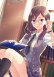  1girl adjusting_hair bekkourico blue_eyes brown_hair computer glasses idolmaster idolmaster_cinderella_girls laptop long_hair solo yagami_makino 