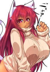  1girl animal_ears bottomless breasts cat_ears cat_tail covered_nipples fang gradient_hair highres large_breasts long_hair looking_at_viewer multicolored_hair open_mouth original pink_eyes pink_hair purple_hair rei_shabu ribbed_sweater simple_background solo sweater tail tan white_background 