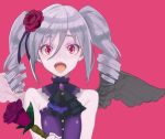  1girl :d asymmetrical_wings black_wings curly_hair drill_hair feathered_wings flower frills gothic_lolita hair_between_eyes hair_flower hair_ornament hair_ribbon idolmaster idolmaster_cinderella_girls kanzaki_ranko lolita_fashion looking_at_viewer open_mouth pink_background red_eyes ribbon rose silver_hair simple_background smile solo sparkle sparkling_eyes twin_drills twintails upper_body white_wings wide-eyed wings yuuki_(irodo_rhythm) 