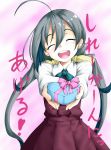  1girl ahoge bow bowtie closed_eyes commentary_request gift grey_hair heart-shaped_box incoming_gift kantai_collection kiyoshimo_(kantai_collection) low_twintails open_mouth ribbon school_uniform shiruppo translation_request twintails valentine 