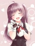 1girl ahoge fork fuu_(fuore) gloves hagikaze_(kantai_collection) kantai_collection long_hair open_mouth purple_hair school_uniform side_ponytail smile solo valentine vest 
