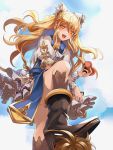  1girl blonde_hair blue_dress blue_sky boots bow box clouds commentary_request dress eredhen from_below gift gift_box granblue_fantasy hair_bow heart heart-shaped_box heart-shaped_pupils highres long_hair open_mouth pov puffy_short_sleeves puffy_sleeves red_eyes shirt short_sleeves sky smile solo_focus stepped_on symbol-shaped_pupils upskirt valentine very_long_hair vira wavy_hair wrist_cuffs 