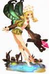  1girl bare_legs blonde_hair bow_(weapon) braid butterfly_wings crossbow fairy flower flying granblue_fantasy hair_flower hair_ornament highres holding holding_weapon long_hair mercedes odin_sphere pink_eyes pointy_ears puffy_sleeves shoes simple_background so-bin solo twin_braids unitard water weapon white_background white_shoes wings 