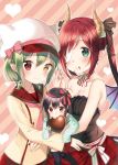  3girls bandage_on_face bandages bare_shoulders black_hair black_legwear breasts brown_eyes chocolate chocolate_heart cleavage eating food food_on_face green_eyes green_hair hair_ribbon hat heart heterochromia horns hug interlocked_fingers long_hair long_sleeves looking_at_viewer messy midorikawa_you multiple_girls one_eye_covered original red_eyes redhead ribbon short_hair skirt sleeves_past_wrists smile thigh-highs twintails yellow_eyes younger 