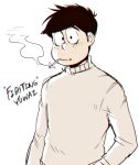  1boy black_hair character_name cowboy_shot english freckles hands_in_pockets long_sleeves looking_at_viewer male_focus nyaph osomatsu-kun smile solo totoko&#039;s_brother turtleneck 