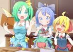  &gt;:&lt; +_+ 3girls :d ?? ahoge apron blue_eyes blue_hair blush book bow bowl breasts chocolate chocolate_on_face cirno cocked_eyebrow confused cookbook cookie_cutter cream_on_face d: daiyousei fairy_wings fang flat_chest flying_sweatdrops food food_on_face forehead frog_apron green_eyes green_hair hair_bow hair_ornament hairclip heart highres ice ice_wings makuran mixing_bowl multiple_girls open_mouth pocket pointing pointing_at_self rumia sash side_ponytail smile surprised team_9 touhou valentine whisk wings 