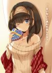  1girl black_hair blue_eyes blush breasts hairband idolmaster idolmaster_cinderella_girls jewelry large_breasts long_hair looking_at_viewer one_eye_closed pendant sagisawa_fumika shawl smile solo translation_request valentine zinczinc_ka 