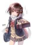  1girl alternate_costume bag blush bow box brown_eyes brown_hair d-style_wed gift gift_box hair_ornament kantai_collection looking_at_viewer open_mouth plaid plaid_bow plaid_skirt pleated_skirt remodel_(kantai_collection) scarf school_bag school_uniform sendai_(kantai_collection) short_hair simple_background skirt smile solo twitter_username valentine white_background 