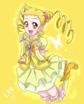  1girl blonde_hair brooch butterfly butterfly_earrings chocokin cure_lemonade double_bun drill_hair fingerless_gloves full_body gloves jewelry jumping kasugano_urara_(yes!_precure_5) long_hair looking_at_viewer magical_girl precure shoes signature skirt smile solo thigh-highs twin_drills yellow yellow_background yellow_eyes yellow_legwear yellow_shoes yellow_skirt yes!_precure_5 yes!_precure_5_gogo! 