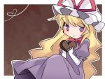  1girl blonde_hair commentary_request dress hammer_(sunset_beach) hat heart long_hair looking_at_viewer purple_dress revision smile solo touhou valentine violet_eyes yakumo_yukari 