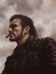  1boy beard black_hair cigar eyepatch facial_hair jacket male_focus metal_gear_(series) metal_gear_solid_v mouth_hold pekanpeka realistic solo upper_body venom_snake zipper 