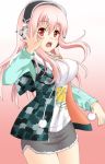  1girl blush breasts headphones large_breasts long_hair looking_at_viewer nitroplus open_mouth pink_hair pom_pom_(clothes) red_eyes saku_(scaw) solo super_sonico 