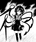  1girl asymmetrical_wings black_hair dress hand_on_hip houjuu_nue monochrome sawayaka_samehada smile snake thigh-highs touhou wings zettai_ryouiki 