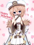  1girl bare_shoulders blanc blue_eyes blush brown_hair covering_mouth embarrassed happy_valentine haru_blanc0316 hat heart heart_background highres neptune_(series) pink_background short_hair solo valentine 