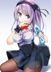  1girl blue_eyes bottle brown_legwear dagashi_kashi hairband henet_hene lavender_hair long_hair looking_at_viewer pantyhose puffy_short_sleeves puffy_sleeves ramune shidare_hotaru shirt short_sleeves sitting skirt solo suspenders wrist_cuffs 