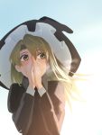  1girl alternate_costume amino_(tn7135) black_coat blonde_hair blue_sky breath cold day hands_together hat kirisame_marisa long_hair long_sleeves looking_to_the_side signature sky solo sunlight touhou upper_body wind witch_hat yellow_eyes 