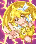  1girl blonde_hair bow brooch chocokin cure_peace earrings electricity full_body jewelry kise_yayoi long_hair looking_at_viewer magical_girl precure purple_background signature skirt smile smile_precure! solo v wrist_cuffs yellow_bow yellow_eyes yellow_skirt 