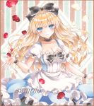  1girl apron blonde_hair blue_dress blue_eyes border bow breasts cleavage collarbone colored_pencil_(medium) detached_sleeves dress expressionless frilled_apron frilled_skirt frills hair_bow head_tilt lace_choker long_hair looking_at_viewer marker_(medium) open_hand original pearl petals potto_(minntochan) puffy_short_sleeves puffy_sleeves rose_petals sample short_sleeves skirt solo striped striped_background traditional_media waist_apron wrist_cuffs 